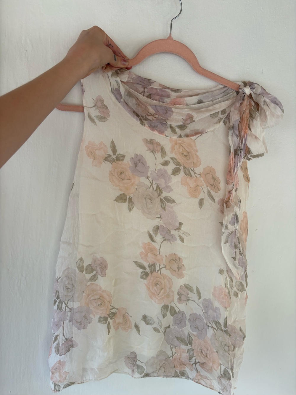 100% silk Sheer Floral Tie-Shoulder Sleeveless Blouse - Cream with Pastel Roses